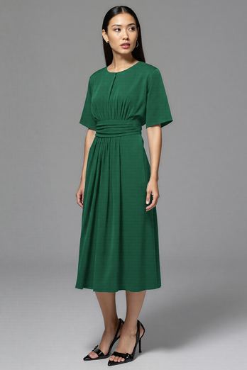 Navy Satin A Line Ruched Midi Work Dress
