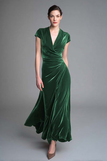 Plum Ruched Velvet V Neck Long Holiday Party Dress with Sleeves