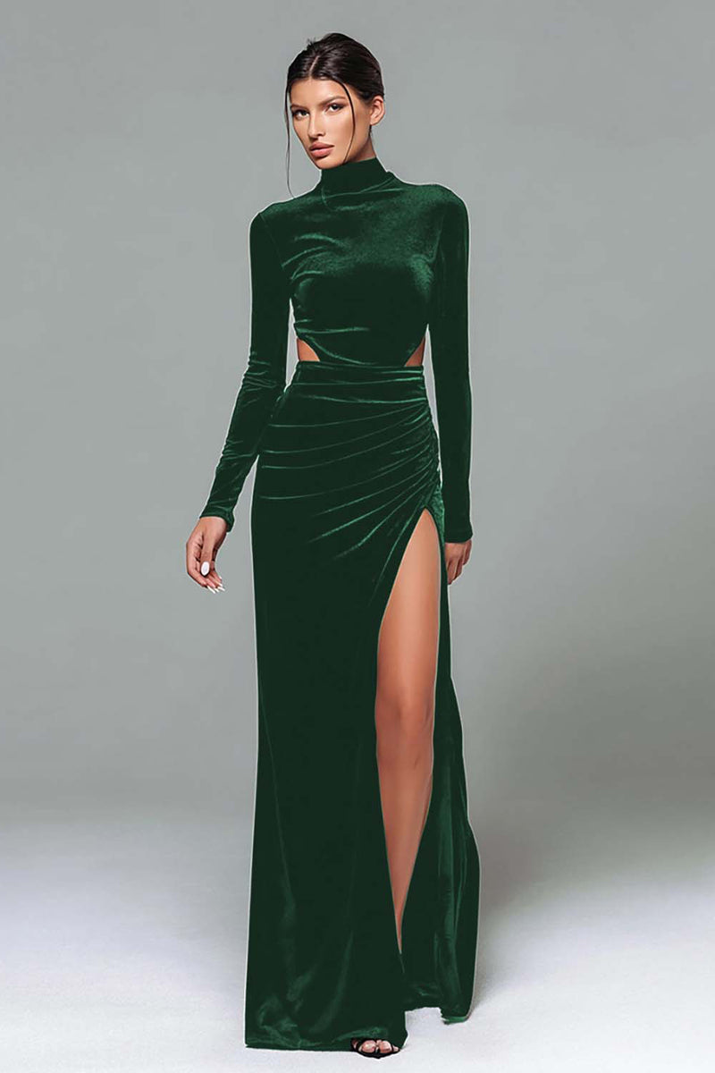 Load image into Gallery viewer, Black Velvet Sheath High Neck Cut Out Long Holiday Party Dress