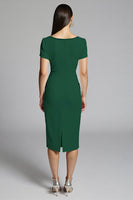 Load image into Gallery viewer, Beige Bodycon Midi Satin Work Dress with Ruffles