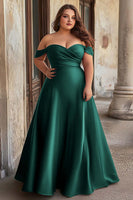Load image into Gallery viewer, Dark Green Satin Ruched A Line Long Prom Dress