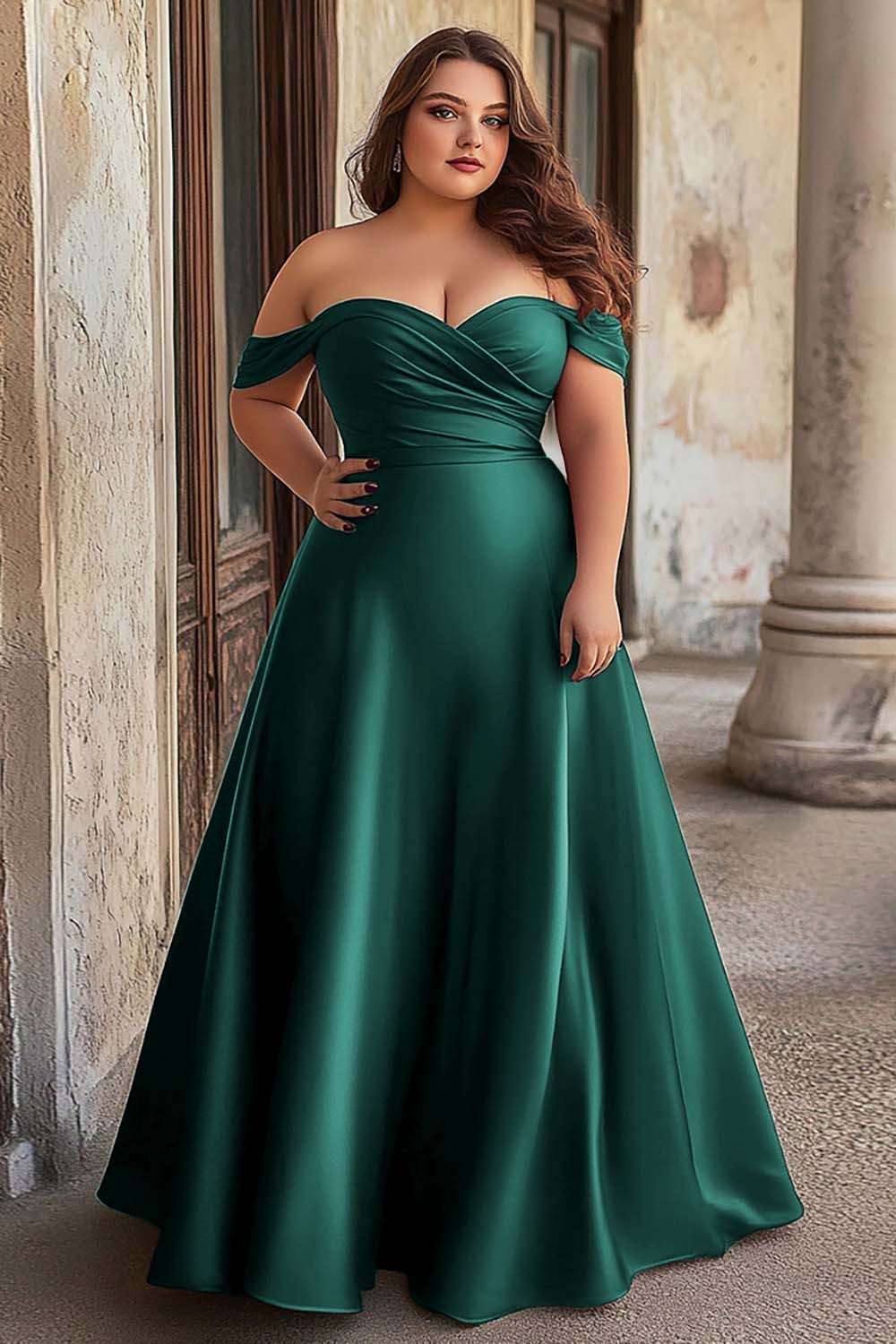 Dark Green Satin Ruched A Line Long Prom Dress