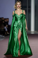 Load image into Gallery viewer, Golden Metallic A Line Cold Shoulder Long Gala Dress with Slit