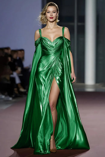 Golden Metallic A Line Cold Shoulder Long Gala Dress with Slit