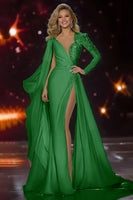 Load image into Gallery viewer, Sparkly White Mermaid Ruched Long Sleeves Pageant Dress with Slit