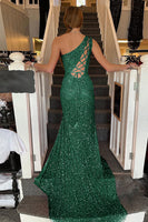 Load image into Gallery viewer, Sheath One Shoulder White Sequins Long Prom Dress with Split Front