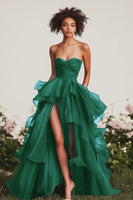 Load image into Gallery viewer, Queendancer Women Navy Chiffon Long Formal Dress with Slit Sweetheart Strapless Tiered Ruched Prom Dress with Ruffles