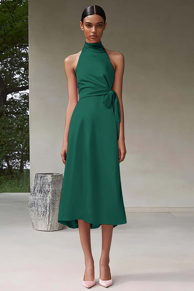 Load image into Gallery viewer, Dusty Sage A Line Satin Halter Long Formal Dress