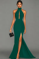 Load image into Gallery viewer, Black Satin Mermaid High Neck Keyhole Long Formal Dress with Slit