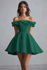 Load image into Gallery viewer, Dusty Blue A Line Off the Shoulder Satin Mini Graduation Dress with Ruffles
