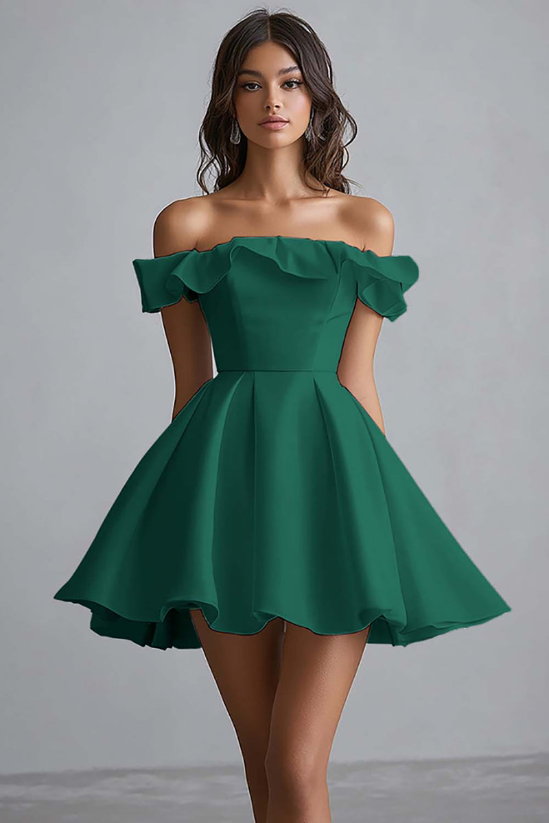 Load image into Gallery viewer, Dusty Blue A Line Off the Shoulder Satin Mini Graduation Dress with Ruffles
