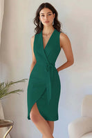 Load image into Gallery viewer, Queendancer Women Sky Blue Satin Short Work Blazer Dress with Sash Bodycon V-Neck Sleeveless Cocktail Dress