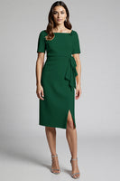 Load image into Gallery viewer, Champagne Bodycon Ruffled Midi Satin Work Dress with Slit