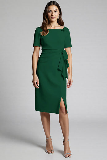 Champagne Bodycon Ruffled Midi Satin Work Dress with Slit