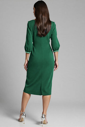 Navy Satin V-Neck Bodycon Midi Work Dress