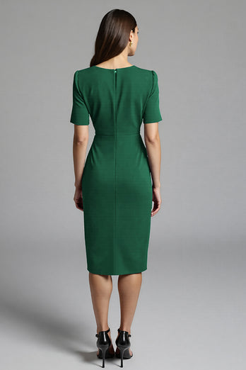 Navy Bodycon Satin V-Neck Midi Work Dress with Sleeves