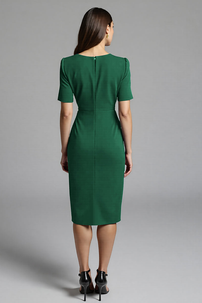 Load image into Gallery viewer, Navy Bodycon Satin V-Neck Midi Work Dress with Sleeves