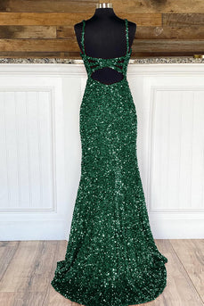 Sheath Spaghetti Straps Dark Green Sequins Prom Dress with Split Front