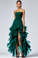 Queendancer Women Elegant Dark Green Organza Formal Dress with Slit A Line Strapless Black Tie Dress High-Low Ankle Length Tiered Long Masquerade Dress queendancer Queendancer Women Elegant Dark Green Organza Formal Dress with Slit A Line Strapless Black Tie Dress High-Low Ankle Length Tiered Long Masquerade Dress queendancer