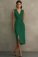 Load image into Gallery viewer, White Bodycon Satin V-Neck Mid-Calf Semi Formal Dress with Slit