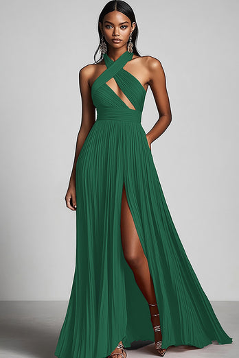 Black A Line Pleated Halter Neck Formal Dress with Slit