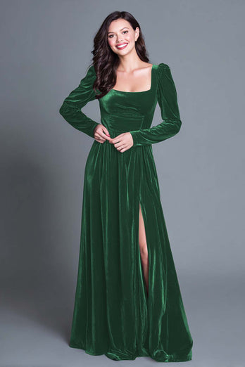 Burgundy Velvet Square Neck Long Sleeves Holiday Party Dress with Slit