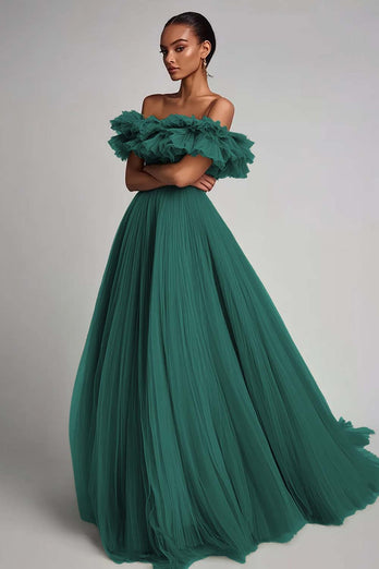 Dusty Sage Tulle A Line Long Formal Dress with Ruffles