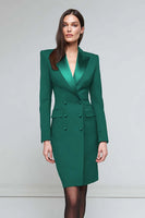 Load image into Gallery viewer, Black Peak Lapel Satin Pencil Double Breasted Midi Blazer Dress with Sleeves