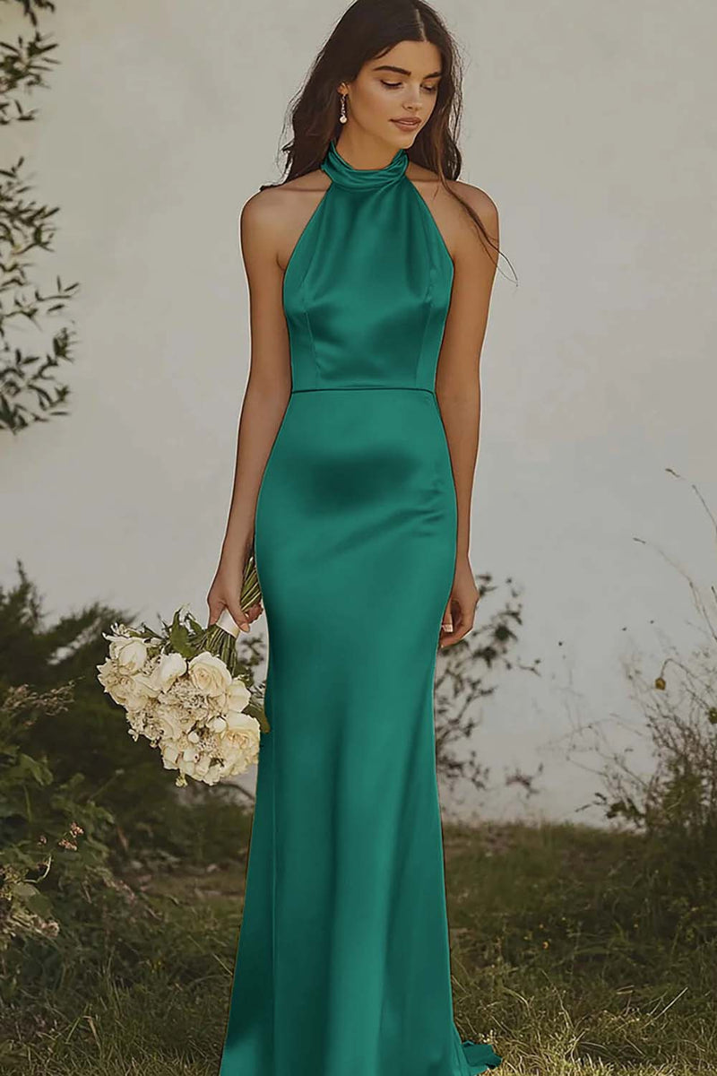 Load image into Gallery viewer, Light Yellow Sheath Halter Long Satin Bridesmaid Dress