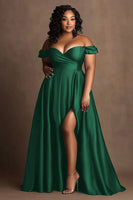 Load image into Gallery viewer, Queendancer Women Navy Plus Size Long Formal Dress with Slit Off the Shoulder Satin A Line Sweetheart Party Dress