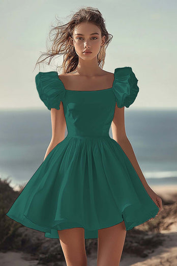 White Satin Mini Graduation Dress with Ruffles