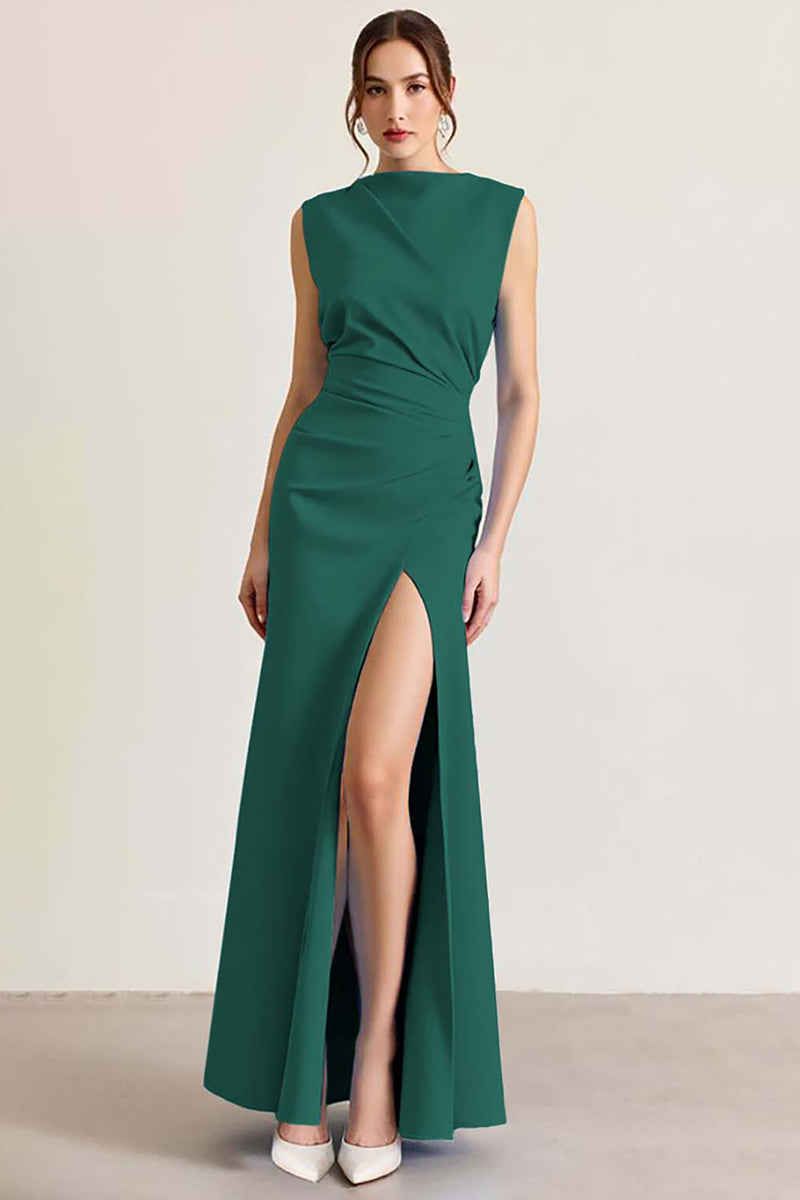 Load image into Gallery viewer, Queendancer Women Sky Blue Ruched Long Formal Dress with Slit Sheath Sleeveless Prom Dress