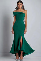 Load image into Gallery viewer, Satin Off the Shoulder Navy Sheath  Long Formal Dress with Slit