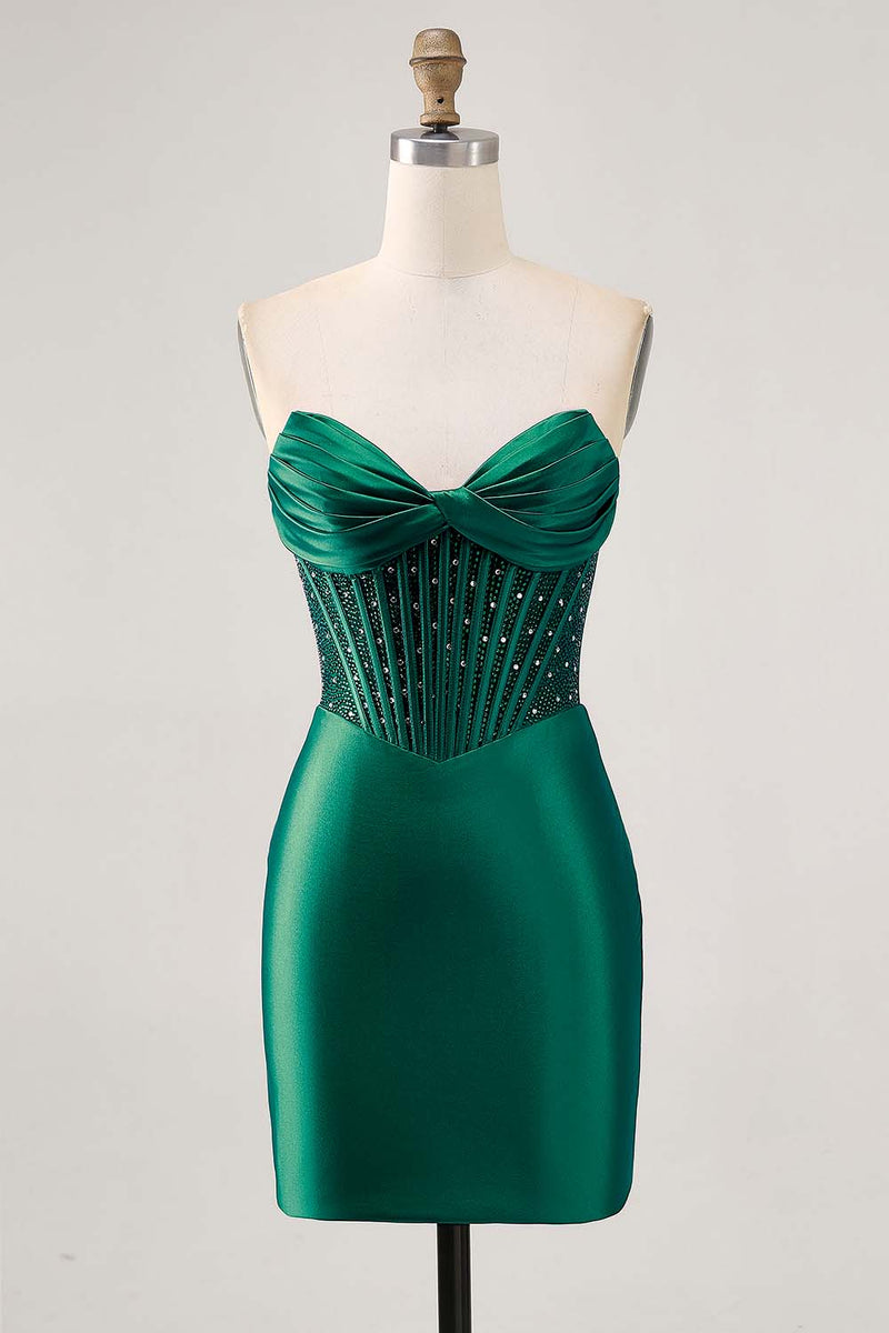 Load image into Gallery viewer, Sparkly Fuchsia Strapless Short Tight Corset Satin Homecoming Dress