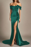 Load image into Gallery viewer, Black Off the Shoulder Mermaid Long Formal Dress with Slit