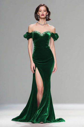 Sparkly Plum Off the Shoulder Velvet Long Holiday Party Dress with Beading
