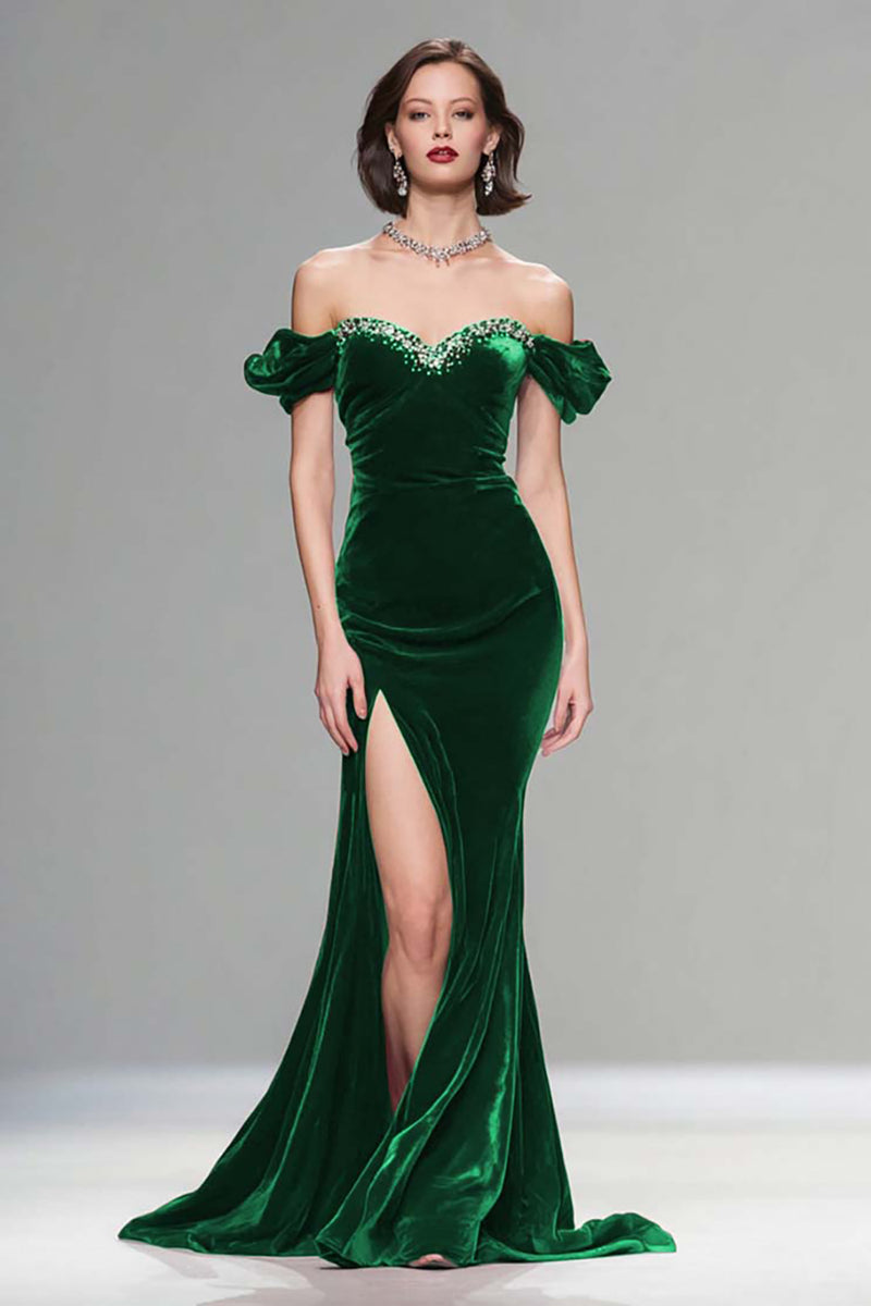 Load image into Gallery viewer, Sparkly Plum Off the Shoulder Velvet Long Holiday Party Dress with Beading