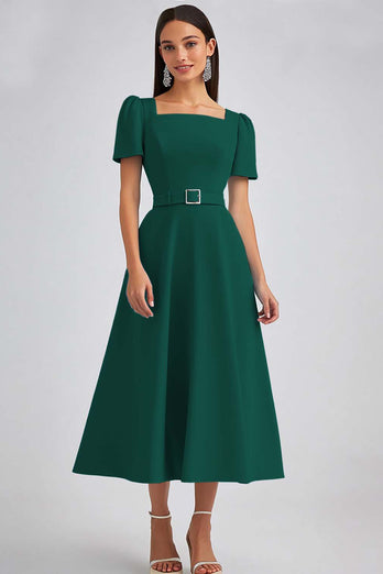 Sky Blue Satin A Line Square Neck Midi Work Dress with Sleeves