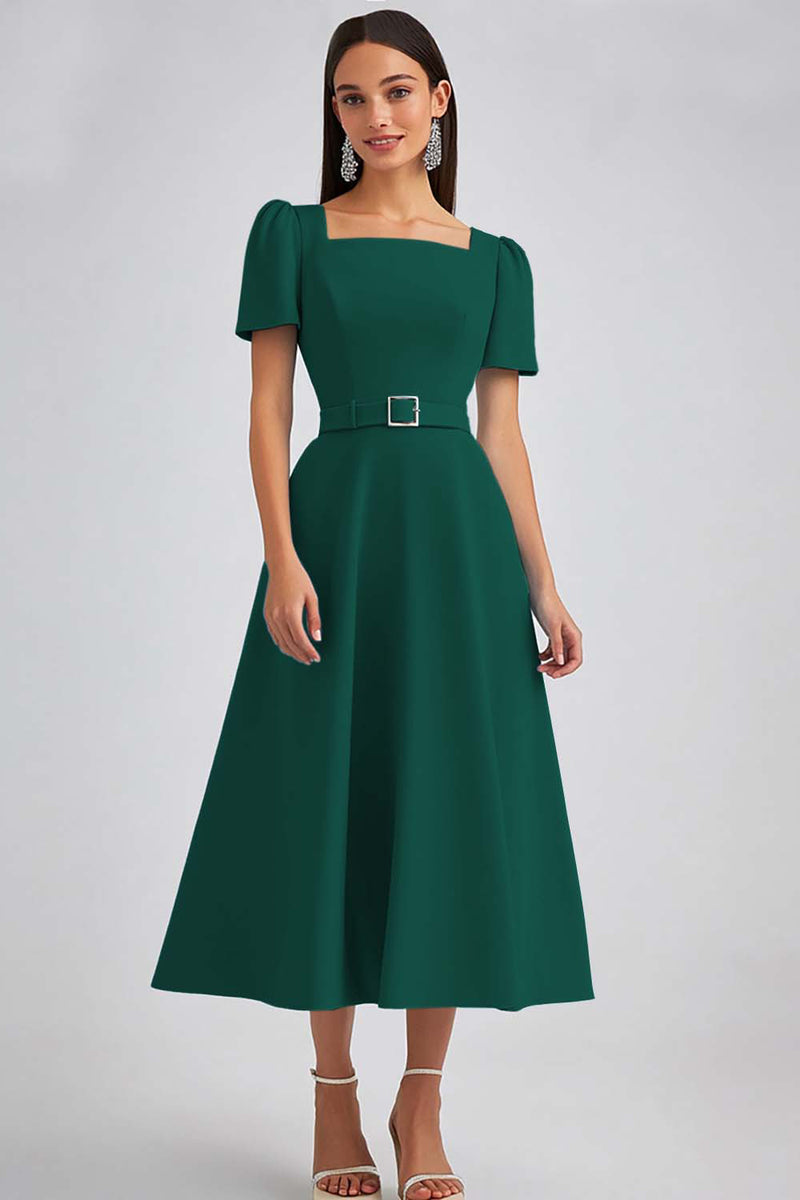 Load image into Gallery viewer, Sky Blue Satin A Line Square Neck Midi Work Dress with Sleeves