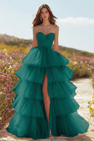 Load image into Gallery viewer, Pink Tulle Ruffled Long Prom Dress with Slit