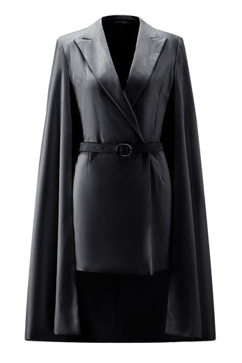White Satin Bodycon Peak Lapel Short Work Blazer Dress with Cape