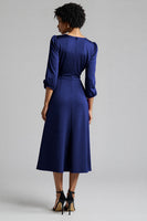 Load image into Gallery viewer, Royal Blue Satin A Line Midi Work Dress with Sleeves