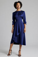 Load image into Gallery viewer, Royal Blue Satin A Line Midi Work Dress with Sleeves