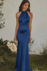 Load image into Gallery viewer, Light Yellow Sheath Halter Long Satin Bridesmaid Dress