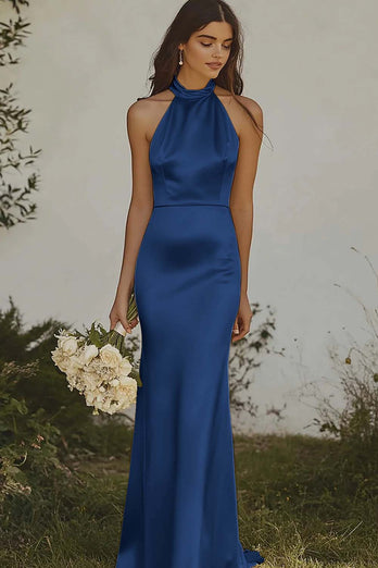 Light Yellow Sheath Halter Long Satin Bridesmaid Dress