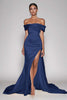 Load image into Gallery viewer, Dark Green Satin Off the Shoulder Sheath Long Prom Dress with Slit
