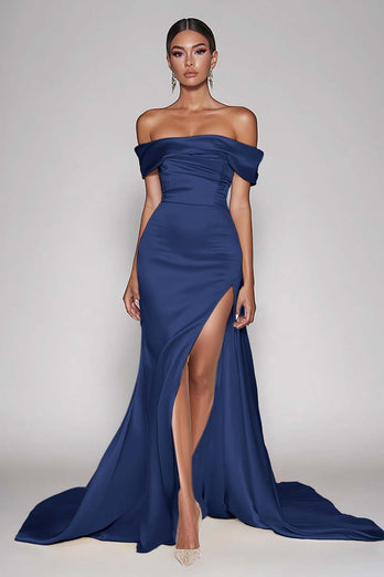 Dark Green Satin Off the Shoulder Sheath Long Prom Dress with Slit