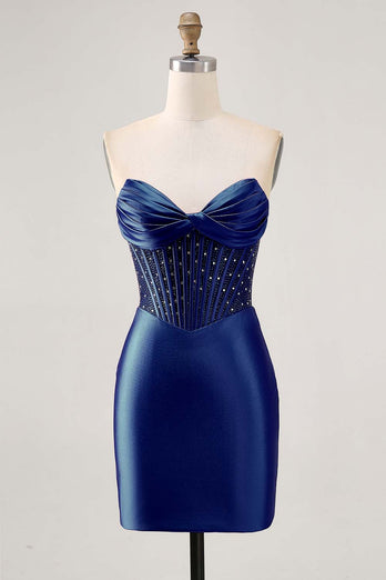 Sparkly Fuchsia Strapless Short Tight Corset Satin Homecoming Dress