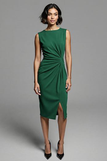 Grey Bodycon Satin Ruched Midi Work Dress with Slit
