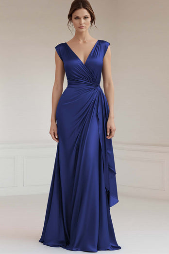 Grey Blue V-Neck Sheath V-Neck Long Satin Formal Dress with Ruffles